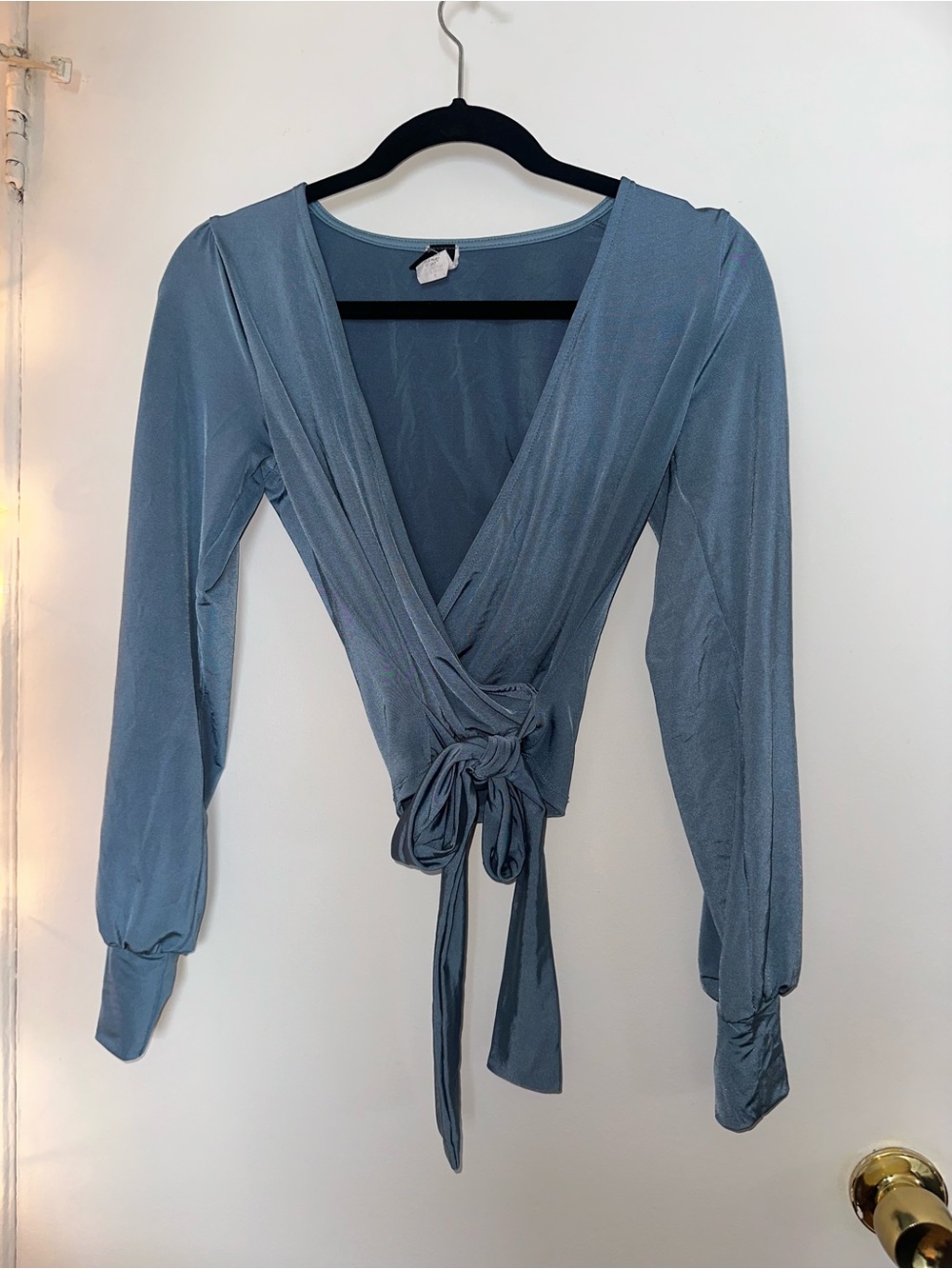 Women's Blue Wrap Tie Front Long Sleeve Top